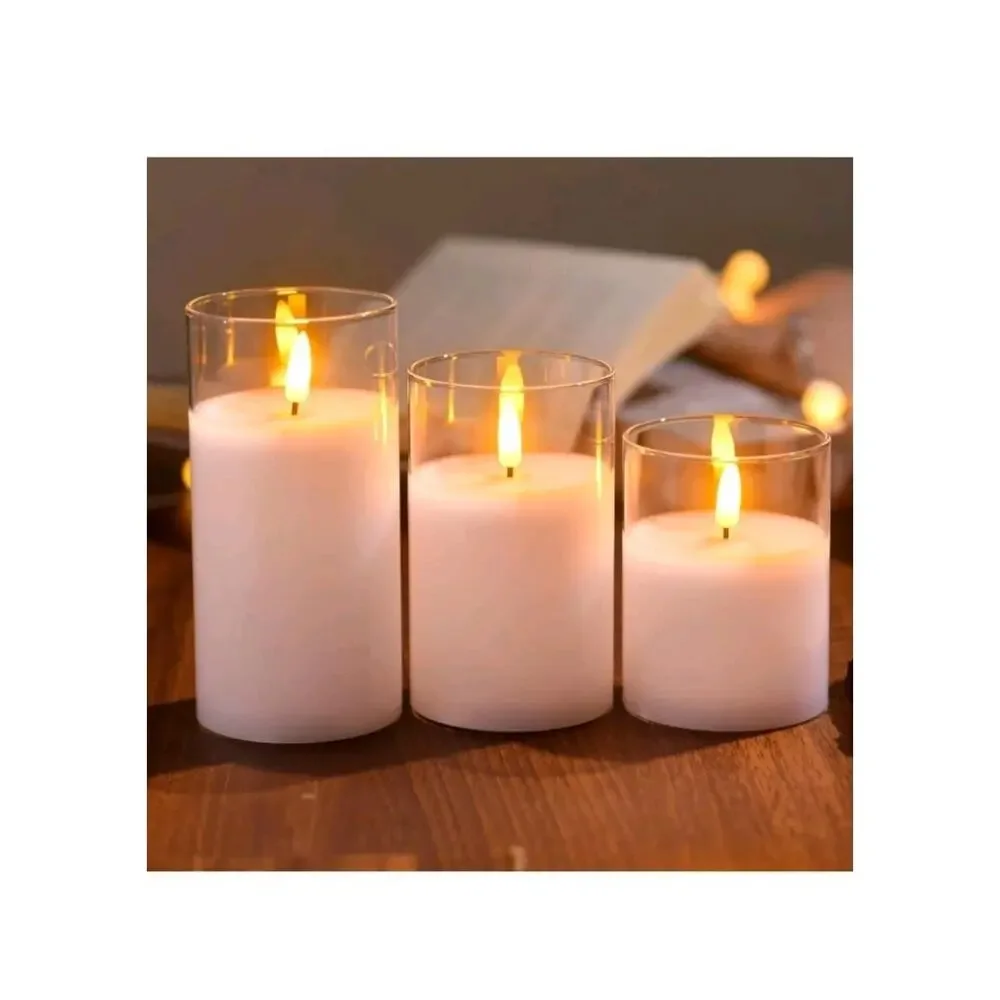 Glass Battery Operated LED Pillar Flameless Candles With10-Key Remote and Timer,